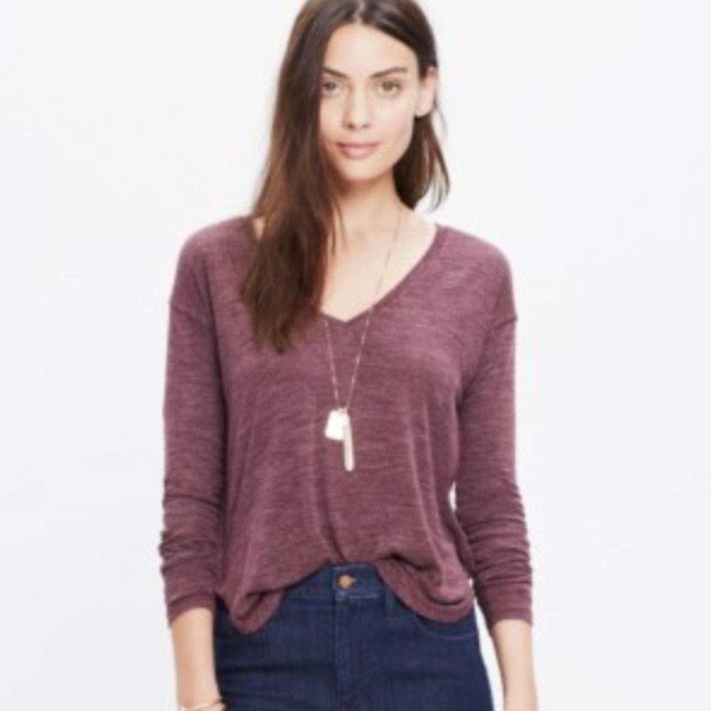 Madewell Womens Burgundy V-Neck Long Sleeve High-Low Slub‎ Tee Size S